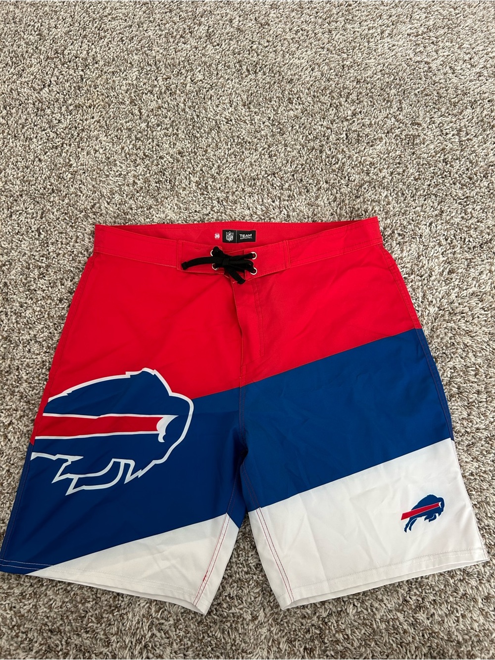 NFL Team Buffalo Bills Red White Blue Board Color block Swim Shorts Size 36